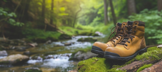 Panoramic view of hiking boots resting on mossy log in lush forest with stream