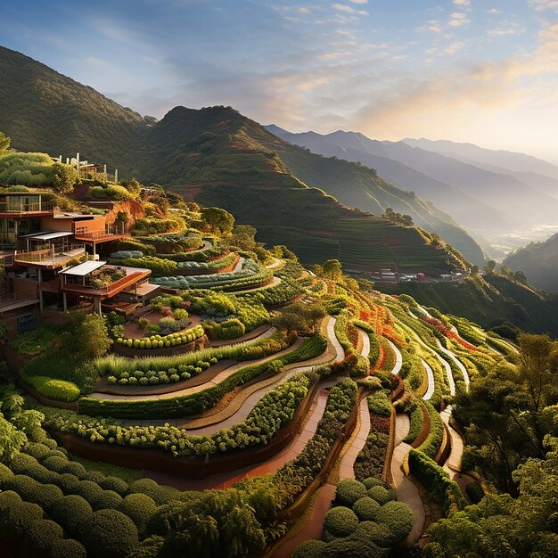 Photo a panoramic view of a hillside covered with vegetable gardens