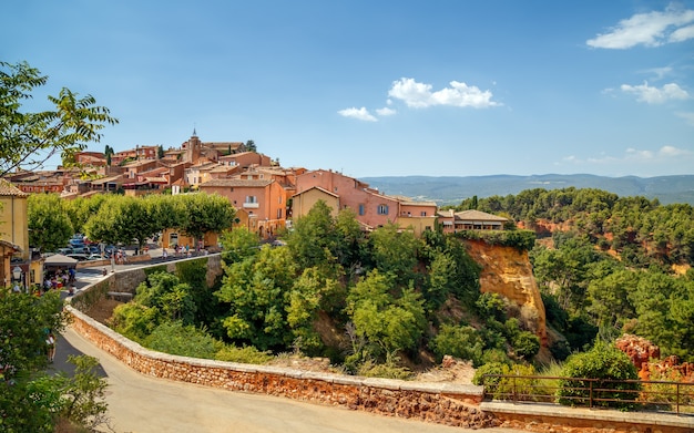 Panoramic view of hilltop medieval ocher village of roussillon provence vaucluse france