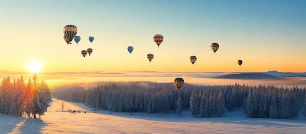 Panoramic view of hot air balloon over winter spruce tree landscape at sunset