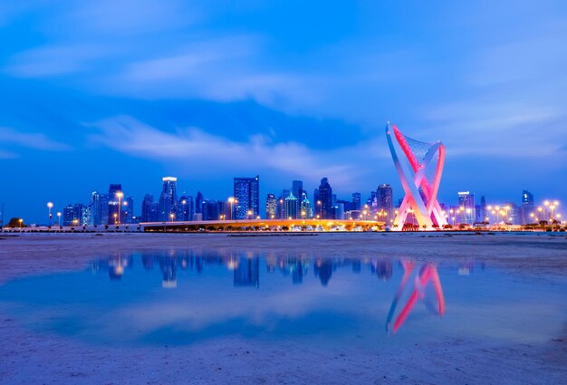 Panoramic view of illuminated city buildings against sky