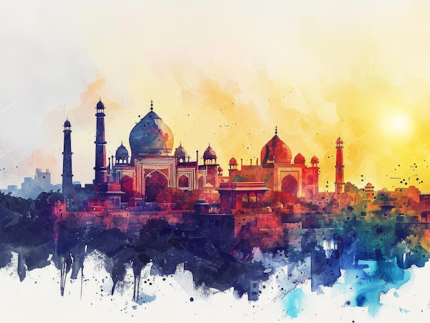 Panoramic view illustratie van de stad Lahore met Badshahi Mosque Generative AI