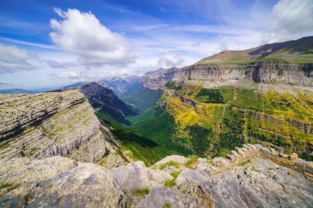 Panoramic view of the immense Ordesa Valley in the Spanish Pyrenees