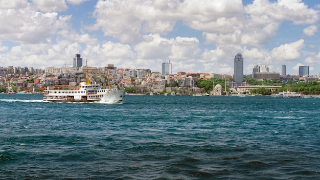 Panoramic view of Istanbul from Galata tower. Bridges, Mosques and Bosphorus. Istanbul, Turkey.