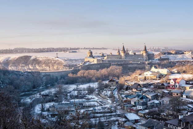 Panoramic view of the kamianets-podilskyi fortress in the early sunny winter morning