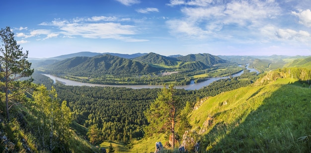 Panoramic view of the Katun river valley in the Altai mountains