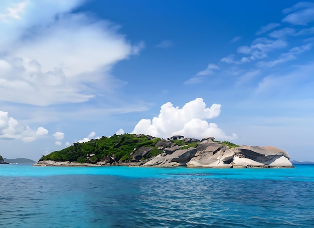 흰 구름과 푸른 하늘이 있는 Koh8 Similan 섬의 탁 트인 전망