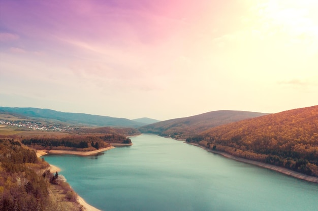 Panoramic view of lake Bukovec Kosice region Slovakia in early spring View from above