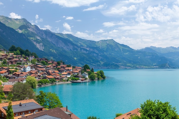 Panoramic view of lake countryside and mountains