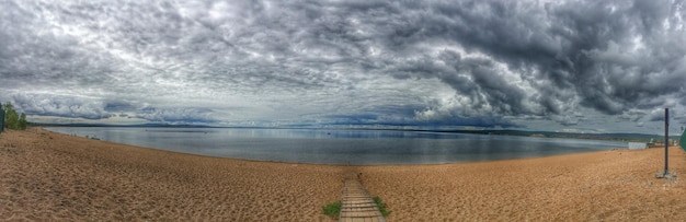 Panoramic view of the lake and the sky with clouds