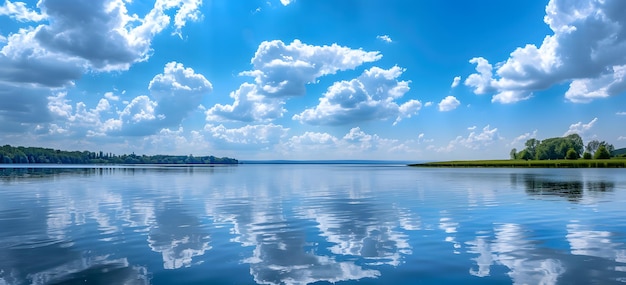 雲の反射で春の湖のパノラマ景色