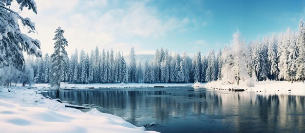 Panoramic view of lake with snowy pine forest and blue sky in winter