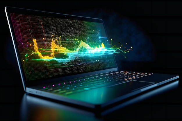 Panoramic view of a laptop with a 3D realtime data chart in vivid colors