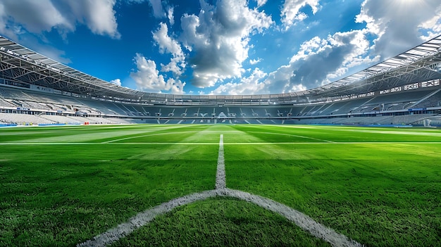 Panoramic view of a large modern empty soccer stadium on a sunny day Green field with white lines blue sky with clouds and bright sun