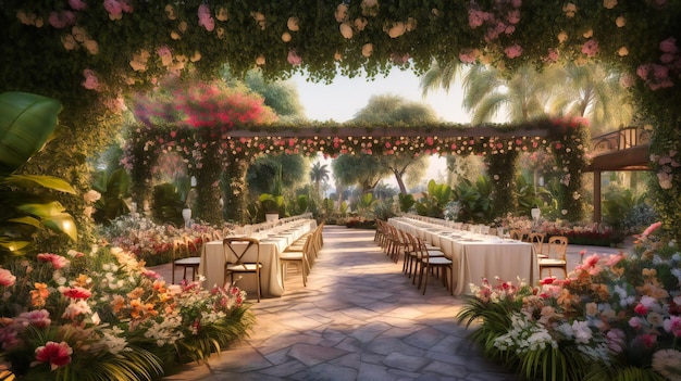 A panoramic view of a lavish outdoor dining area surrounded by blooming flowers and lush greenery offering and unique culinary experience