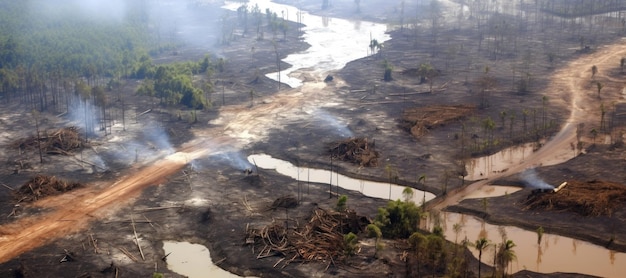 Photo panoramic view of lifeless waterflooded land of cut down and burnt rainforest disappearance of tropical forests environmental disaster deforestation concept bird'seye view banner generated ai