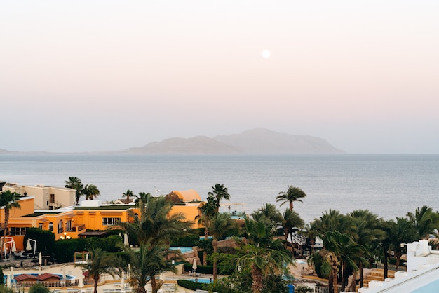 Panoramic view of little town with palm trees in tropical resort in Red Sea