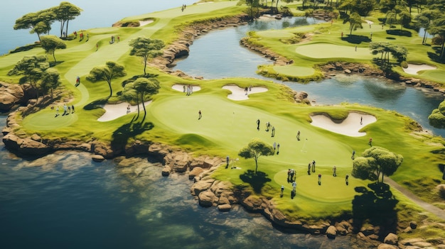 A panoramic view of a lush golf course nestled by a tranquil body of water under a clear blue sky