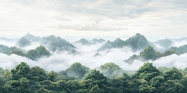 雲の空の下で霧に包まれた茂った緑の山のパノラマ景色