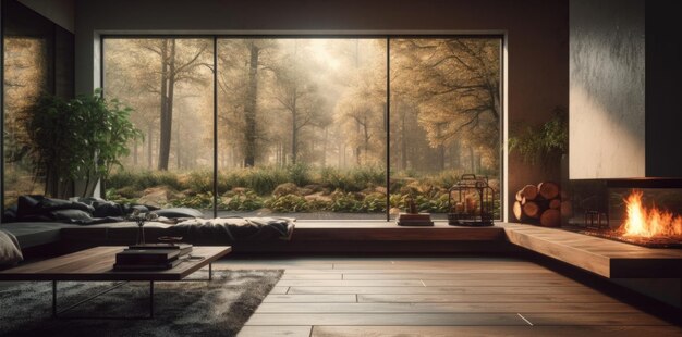 自然の景色を望む暖炉ソファのある豪華なリビング ルームのパノラマ ビュー Generative AI