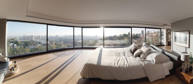 Panoramic view of luxury bedroom interior in apartment generative AI