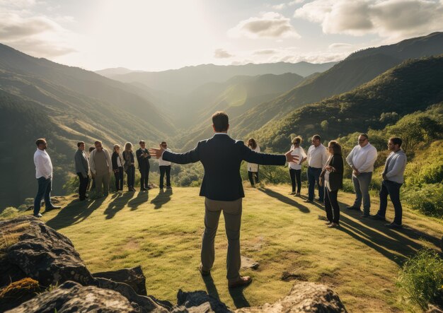 Foto una vista panoramica di un manager che conduce un'attività di teambuilding all'aperto con un aspetto pittoresco