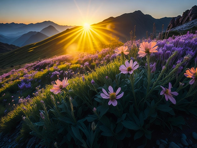 Panoramic view of a meadow of blooming crocuses in the mountains at sunset