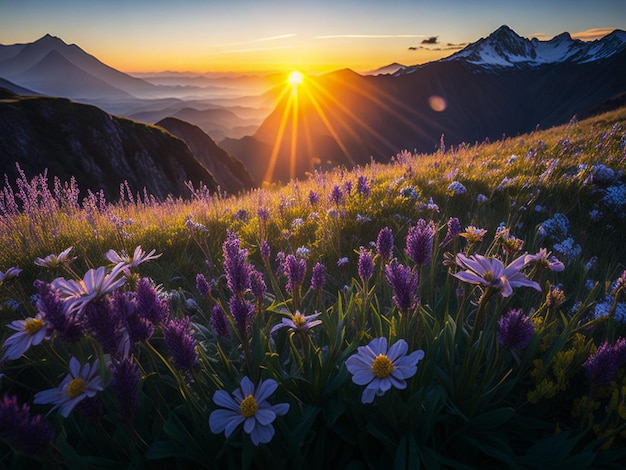 Panoramic view of a meadow of blooming crocuses in the mountains at sunset