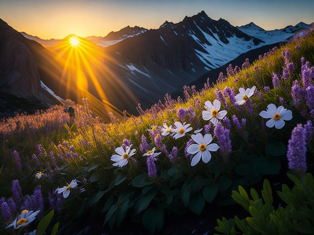 Panoramic view of a meadow of blooming crocuses in the mountains at sunset