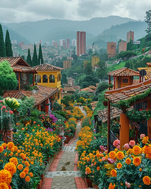 Foto una vista panoramica dello skyline di medellin sullo sfondo decorato