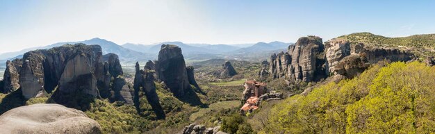 Panoramic view of the Meteora Mountains and monasteries from the observation deck in Greece