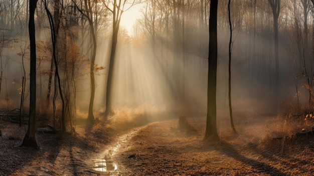 A Panoramic View Of A Misty Forest With Tall Trees Shrouded In F