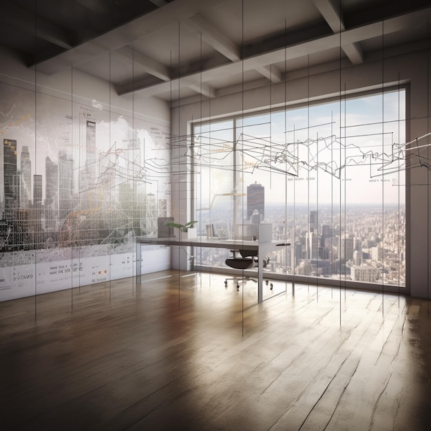 Panoramic View of Modern Office Space with a Chart and Graph Superimposed Over It for Representing the Intersection of Finance Business and Technology