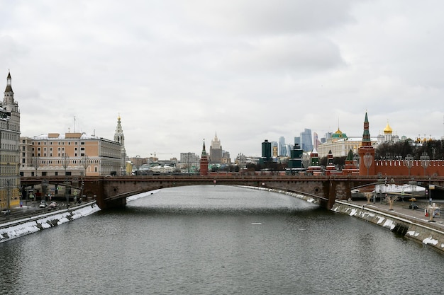 Panoramic view of the Moscow River the Moscow Kremlin and the Bolshoi Moskvoretsky Bridge Big Moskvoretsky bridge