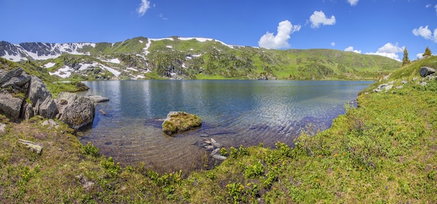 Panoramic view of a mountain lake on a summer day