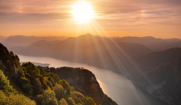 Panoramic view of a mountain lake on sunset beautiful natural landscape