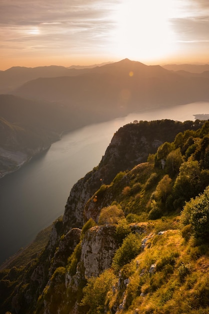 Panoramic view of a mountain lake on sunset beautiful natural landscape