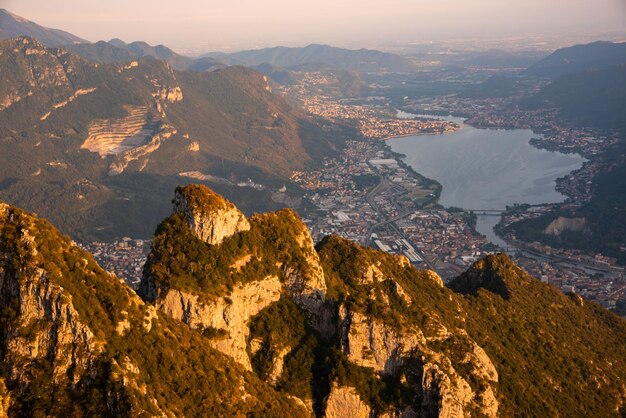 Panoramic view of a mountain lake on sunset beautiful natural landscape