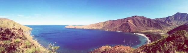 Panoramic view of mountain range against blue sky