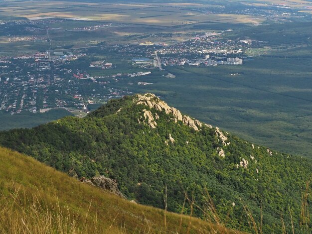 Panoramic view of the mountain slopes and landscape from Mount Beshtau. Pyatigorsk, Russia.