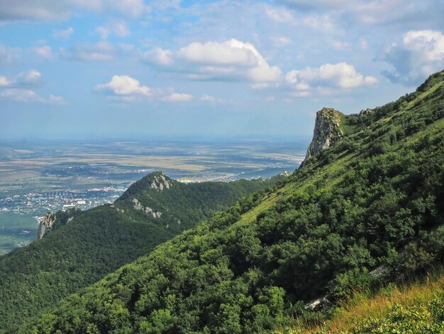 Panoramic view of the mountain slopes and landscape from Mount Beshtau. Pyatigorsk, Russia.