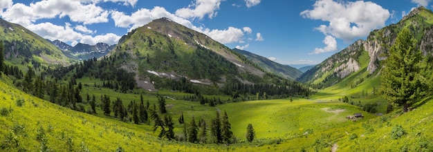 Panoramic view of mountain valley on spring day