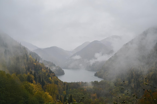 霧と山の湖の山谷のパノラマ景色