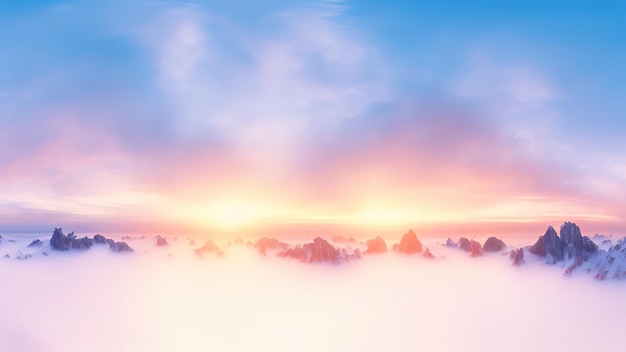 日の出の霧の丘と山の秋の風景のパノラマ ビュー