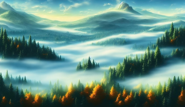 Panoramic view of the mountains and the forest valley in the morning in the fog the sun above the clouds Autumn in the mountain forest 3d illustration