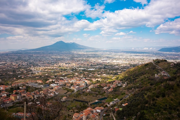 Panoramic view of Naples city in Italy with Vesuvius volcano