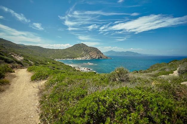 Panoramic view of a natural bay with the sea and the mountains and Mediterranean vegetation 
