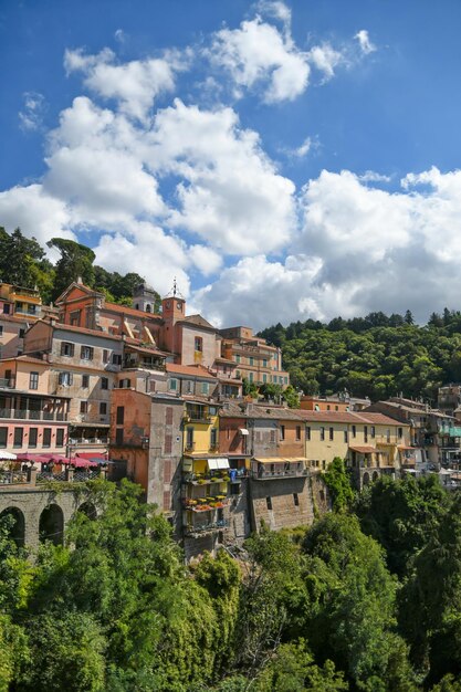 Panoramic view of Nemi a medieval town overlooking a lake in the province of Rome Italy