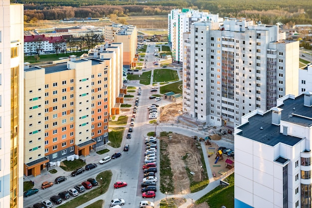 Panoramic view on new quarter highrise building area urban development residential quarter in the evening from a bird's eye view