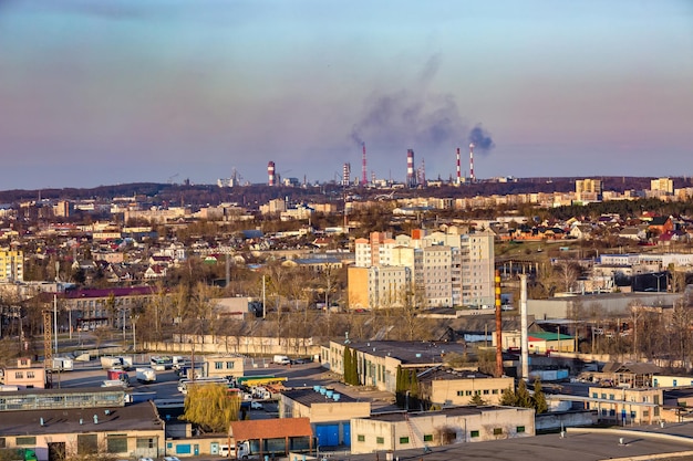 Panoramic view on new quarter highrise building area urban development residential quarter in the evening from a bird's eye view